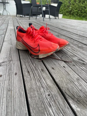 Nike röda löparsneakers - Säljer ett par röda Nike sneakers med svart swoosh på sidan. Skorna har en sportig design med mesh-överdel för bra ventilation och tjock, dämpad sula. Låga i modellen och med klassisk snörning. Perfekta för dig som gillar att sticka ut med färg.