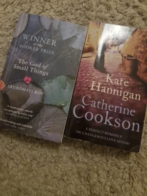 The God of Small Things & Kate Hannigan - Två skönlitterära pocketböcker: 'The God of Small Things' av Arundhati Roy med naturinspirerat omslag i grått och grönt, samt 'Kate Hannigan' av Catherine Cookson med ett romantiskt motiv i varma toner. Perfekta för dig som gillar prisbelönt och romantisk litteratur. 50 för två eller 25 för en