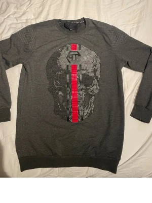 Mörkgrå sweatshirt från Philipp Plein - Cool mörkgrå sweatshirt från Philipp Plein med stor döskalle i svart och silver på bröstet, dekorerad med en röd vertikal rand. Baksidan har 'PLEIN' i rött tryck över ryggen. Tröjan har quiltade detaljer på axlarna och är gjord i mjukt bomullsmaterial.
