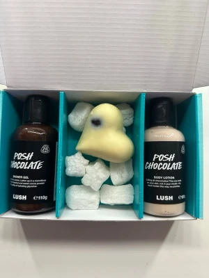 LUSH Posh Chocolate presentbox - Presentbox från LUSH med Posh Chocolate shower gel (110g), body lotion (100g) och en hjärtformad badbomb. Förpackningen är turkos med guldfärgade bokstäver. Produkterna har chokladtema och doft, perfekt för dig som älskar lyxig hudvård.