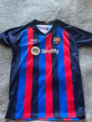 FC Barcelona matchtröja blå/röd - Säljer en officiell FC Barcelona matchtröja med vertikala blå och röda ränder, klubbmärke på bröstet och Spotify-logga. Tröjan har V-ringning och är tillverkad i lätt, ventilerande material. Perfekt för fotbollsträning eller att bära på läktaren. Lewandoski på ryggen, nummer 9.