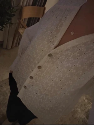 Vit broderad blus  - Säljer en vit blus med broderade hål. Blusen har en avslappnad passform och är gjord i ett lätt, luftigt tyg som ger en härlig känsla. Perfekt att styla med jeans eller kjol för en trendig look.