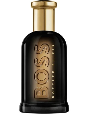 BOSS Bottled Elixir parfym - En lyxig parfym från Hugo Boss i en elegant svart och guld glasflaska. Flaskan har en rundad form med tydlig BOSS-logga i relief och guldfärgat lock. Perfekt för dig som gillar exklusiva dofter och snygg design på parfymhyllan.