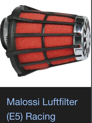 Malossi Luftfilter Racing E5 - Säljer ett Malossi luftfilter för racing, modell E5. Filtret är rött med svart och silver detaljer, tillverkat i skumgummi och plast med metallgaller. Perfekt för dig som vill optimera luftflödet till din moped eller scooter. Säljes ur förpackning men är aldrig använt då den inte passade min förgasare, detta luftfiltret har en anslutningsdiameter på 50mm