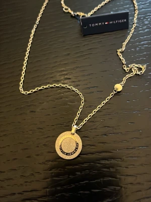Guldfärgat halsband Tommy Hilfiger - Snyggt guldfärgat halsband från Tommy Hilfiger med rund hängberlock. Berlocken har glittrande stenar i mitten och märkets logga runt kanten. Kedjan är tunn och elegant, perfekt för att lyfta din stil.