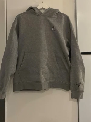 Grå Jordan hoodie med broderad logga - Snygg grå hoodie från Jordan med broderad Jumpman-logga på bröstet och signaturdetalj på ärmen. Klassisk känguruficka framtill och huva. Perfekt för en avslappnad streetwear-look.