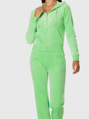 Grön velour loungewear-set - Säljer ett fräscht loungewear-set i ljusgrön velour med dragkedja och huva på tröjan samt matchande byxor med resår i midjan. Perfekt för chill dagar hemma eller när du vill vara bekväm men ändå snygg.