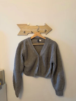 Grå stickad kofta från H&M - Mysig grå stickad kofta från H&M med v-ringning och knappar framtill. Koftan har en croppad passform, breda ärmar och ribbade muddar. Perfekt att slänga över en t-shirt eller linne för en avslappnad look.