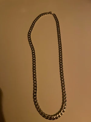 Tjockt silverfärgat kedjehalsband - Säljer ett chunky halsband i silverfärgad metall med breda, platta länkar. Kedjan har en klassisk design och känns riktigt stilren och modern. Perfekt för dig som vill ha ett statement piece till din outfit. Märke och material är okänt.