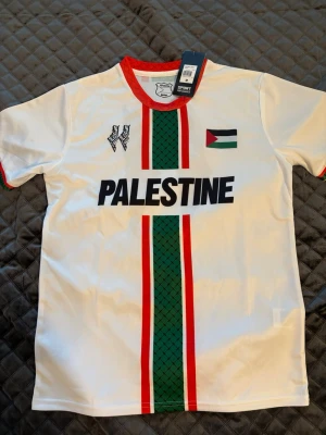 Vit Palestina fotbollströja M - Snygg vit fotbollströja från PC Palestina med gröna och röda ränder, svart text 'PALESTINE' och palestinska flaggan på bröstet. Röd krage och detaljer, tillverkad i lätt och ventilerande material perfekt för sport.