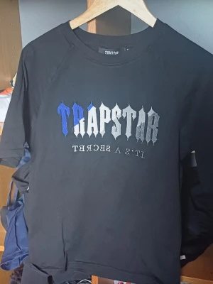 Trapstar svart t-shirt med tryck - Snygg svart t-shirt från Trapstar med stort tryck i blått, vitt och grått på bröstet där det står 'Trapstar It's a Secret'. Klassisk passform och rund halsringning. Perfekt för dig som gillar streetwear och vill sticka ut.