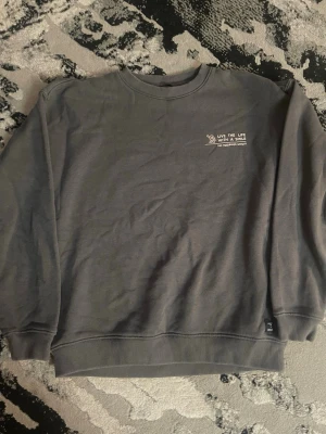 Grå sweatshirt med tryck - Mysig grå sweatshirt med rund halsringning och ribbade muddar. På bröstet finns ett litet vitt tryck med texten 'LIVE THE LIFE WITH A SMILE' och en liten illustration. Perfekt för en avslappnad stil.