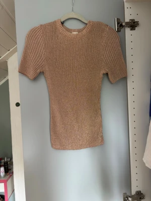 Glittrig t shirt - Trendig beige ribbad topp med korta puffärmar och rund hals. Perfekt till fest. Deb är guld/koppar roseguld färg. Använd en gång