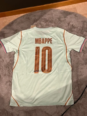 Vm 2026 Frankrike Mbappe borta - Snygg ljusblå matchtröja från Nike med Mbappé och nummer 10 på ryggen. Tröjan har bronsfärgade detaljer, franska landslagets emblem och korta ärmar med randiga muddar. Tillverkad i lätt och ventilerande material, perfekt för fotboll eller träning.