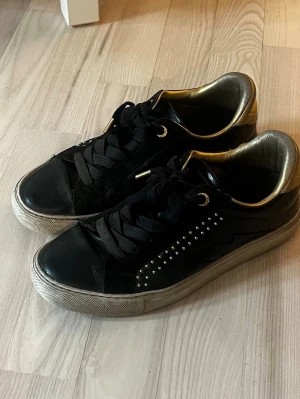 Zadig & Voltaire sneakers  - Snygga svarta sneakers med guldfärgade detaljer och nitar på sidan. Skorna har svarta skosnören, vit sula och en låg profil. Insidan är fodrad med guld och de har metalliska detaljer vid snörningen. Har använts ganska flitigt o har lite märken men är fortfarande i hyfsat bra skick. Har tyvärr inte kvar box💞💞