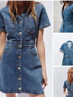 Kort jeansklänning med knappar - Säljer en snygg kort jeansklänning i blå denim med markerad midja och knappar framtill. Klänningen har korta ärmar, två bröstfickor och klassiska sömmar. Perfekt för dig som gillar en avslappnad men trendig stil. Är i storlek M men passar mig som vanligtvis har S!
