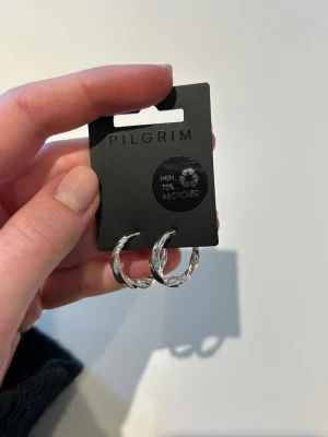 Silvriga tvinnade örhängen Pilgrim - Säljer ett par silvriga tvinnade hoops från Pilgrim. Örhängena är tillverkade av minst 75% återvunnet material och har en snygg, vriden design som ger en modern touch till din look.