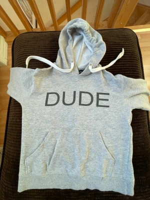 Grå hoodie DUDE Black Temple - Snygg grå hoodie från Black Temple med korta ärmar och stor svart DUDE-text på bröstet. Klassisk känguruficka framtill och huva med vita snören. Mjuk insida i sweatshirtmaterial, perfekt för en chill och avslappnad stil.