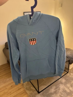 Blå hoodie från GANT med logga - Snygg ljusblå hoodie från GANT med stor ficka framtill och klassisk huva. På bröstet finns GANT-loggan och ett broderat emblem i rött, vitt och blått. Hoodien har ribbade muddar och är perfekt för en avslappnad stil.
