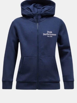 Mörkblå hoodie från Peak Performance -  Orginal pris 900kr ,Mörkblå hoodie med dragkedja från Peak Performance. Klassisk design med huva, två fickor framtill och vit logotyp på bröstet. Tillverkad i mjukt bomullsmaterial som är skönt att ha på sig. Perfekt för en avslappnad och sportig stil.