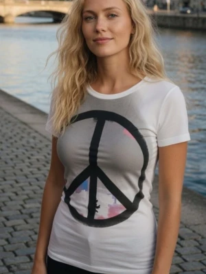 Vit kortärmad topp / T-shirt med stort Peace märke. Strlk: XS. Bomull, viskos? Felfri. - Vit kortärmad topp / T-shirt med stort Peace märke, köpt I Kanada. Strlk: XS. Bomull, viskos? Felfri.