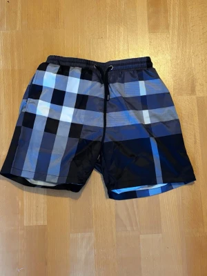 Blårutiga shorts med snörning - Snygga shorts med blått, svart och vitt rutmönster. De har elastisk midja med snörning för skön passform. Perfekta för sommardagar och avslappnade tillfällen. Materialet känns lätt och luftigt.
