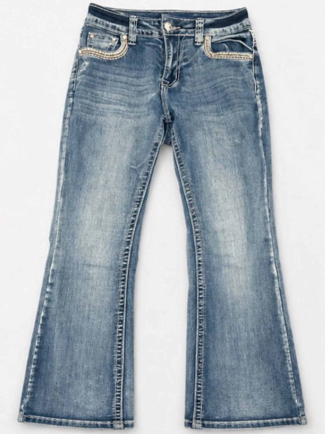Blå bootcut jeans med mönstrade fickor - 1