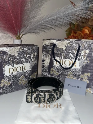 Dior svart och beige bälte med logga - Snyggt bälte från Dior i svart och beige med tydligt logomönster och silverfärgat CD-spänne. Perfekt accessoar för att lyfta din outfit med en lyxig touch. Bältet har klassisk form och är tillverkat i skinn och textil.