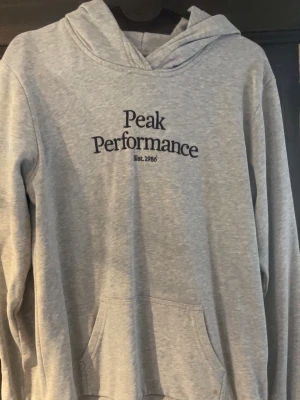 Grå hoodie Peak Performance - Snygg ljusgrå hoodie från Peak Performance med svart broderad logga och text på bröstet. Finns en fläck vid magfickan, som man kan se på sista bilen. Inte haft någon ork till att försöka få bort den men det går säkert! 