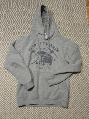 Archive style Hoodie  - Säljer en tvärfet grå hoodie med tryck av 'Seven Dwarfs Mining Crew' och en gruvvagn på bröstet✨                                                                          Storlek: S men passar XS                                             Skick: bra skick! En liten defekt i armhålan men inget som märks! (se bild)                                            Hör av dig vid övriga frågor eller funderingar✨