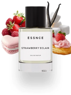 Essnce Strawberry Eclair parfym - Parfym med söt och gourmand doft av jordgubbar, vanilj och bakverk. Flaskan är genomskinlig med svart lock och vit etikett. Perfekt för dig som älskar bäriga och krämiga doftnoter.
