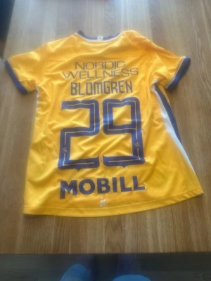 Gul signerad matchtröja Craft - Gul matchtröja från Craft med lila detaljer och tryckta sponsorer. Nummer 29 och namnet Blomgren på ryggen. Framsidan har flera autografer och klubbmärke på bröstet. Perfekt för dig som älskar sport och samlar på signerade tröjor.