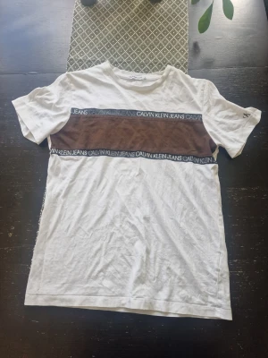 Vit och brun Calvin Klein t-shirt - Vit t-shirt från Calvin Klein Jeans med en bred brun panel över bröstet och svarta band med logga. Klassisk rund hals och korta ärmar. Perfekt för en stilren och avslappnad look.
