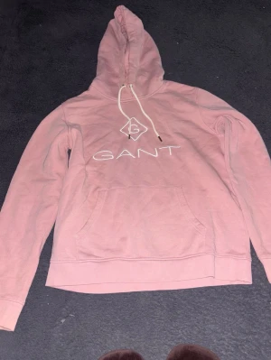 Rosa hoodie från GANT med logga - Säljer en rosa hoodie från GANT med vit broderad logga på bröstet. Hoodien har huva med dragsko och en stor magficka. Perfekt för dig som gillar en avslappnad och snygg stil. Materialet känns mjukt och skönt mot huden.