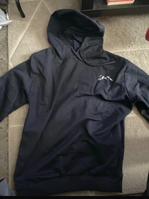 Svart hoodie med bergstryck - Snygg svart hoodie med huva och ett vitt bergstryck på bröstet. Hoodien har långa ärmar och ribbade muddar. Perfekt för dig som gillar enkel och stilren design. Materialet ser ut att vara mjukt och bekvämt, troligen bomull eller bomullsblandning.
