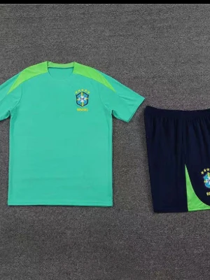 Brasilien fotbollsträningsset grön/blå - Säljer ett Brasilien fotbollsträningsset med grön t-shirt och mörkblå shorts. T-shirten har limegröna detaljer på axlarna och Brasilien-emblem på bröstet. Shortsen har matchande emblem och limegrön detalj. Perfekt för träning eller match!