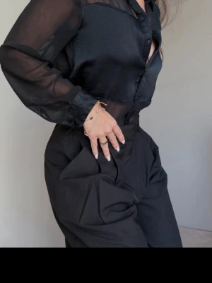 Svart transparent blus med krage  - Snygg svart blus med transparenta ärmar och klassisk krage. Blusen har knappar framtill och är tillverkad i ett tunt, lätt material som ger en elegant look. Perfekt att styla med höga byxor eller kjol.