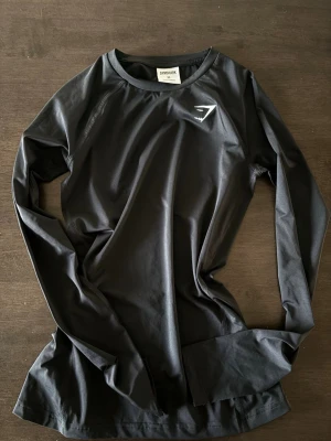 Svart långärmad träningströja Gymshark - Snygg svart långärmad träningströja från Gymshark med rund hals och diskret logga på bröstet. Tillverkad i ett stretchigt funktionsmaterial som passar perfekt för gym eller löpning. Tröjan har en slim fit och känns riktigt bekväm på kroppen.
