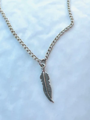 By prisförslag- Silverfärgat halsband 50 cm med fjäderhänge - Snyggt halsband i silverfärg med en kedja och ett detaljrikt fjäderformat hänge. Kedjan har mellanstora länkar och hänget är smalt och elegant. Perfekt accessoar för dig som gillar boho eller naturinspirerad stil.