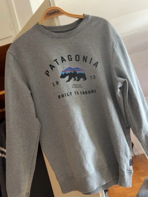 Grå sweatshirt från Patagonia - Säljer en grå sweatshirt från Patagonia med tryck av en björn och färgglada berg på bröstet. Tröjan har rund halsringning, långa ärmar och ribbade muddar. Perfekt för en avslappnad och cool stil.