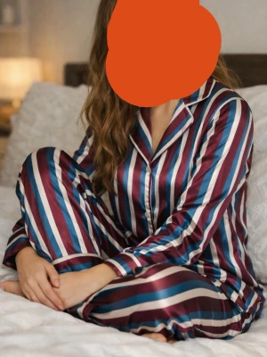 Randig satinpyjamas i vinrött och blått - Ett pyjamas sett i slike. Fick i julklapp använd en gång när det va pyjamastema i skolan men då tappa bort ”repet” ifram på byxorna som man knyter så den är borta tyvärr✨