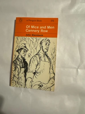 Of Mice and Men/Cannery Row - Säljer en klassisk engelsk pocketbok från Penguin Books med titlarna 'Of Mice and Men' och 'Cannery Row' av John Steinbeck. Boken har orange och beige omslag med svart tecknad illustration på framsidan. Perfekt för dig som gillar amerikansk litteratur.