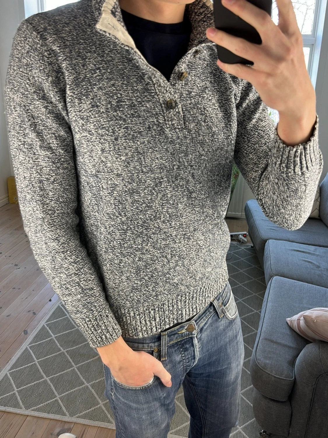 Grå Stickad Quarter Zip - 1