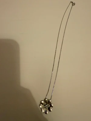 Silverfärgat halsband med blomma - Ett stilrent halsband i silverfärg med en tunn kedja och ett hängsmycke format som en blomma. Blomman har en modern, böljande design och är tillverkad i metall. Perfekt för dig som gillar unika och snygga accessoarer.