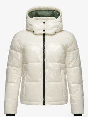 Vit glansig pufferjacka med huva - Stilren vit pufferjacka med glansig finish och hög krage. Jackan har en stor huva, svarta dragkedjor framtill och vid fickorna samt quiltad design. Perfekt för kalla vinterdagar och ger en modern look. Materialet är syntetiskt och jackan är vadderad för extra värme.