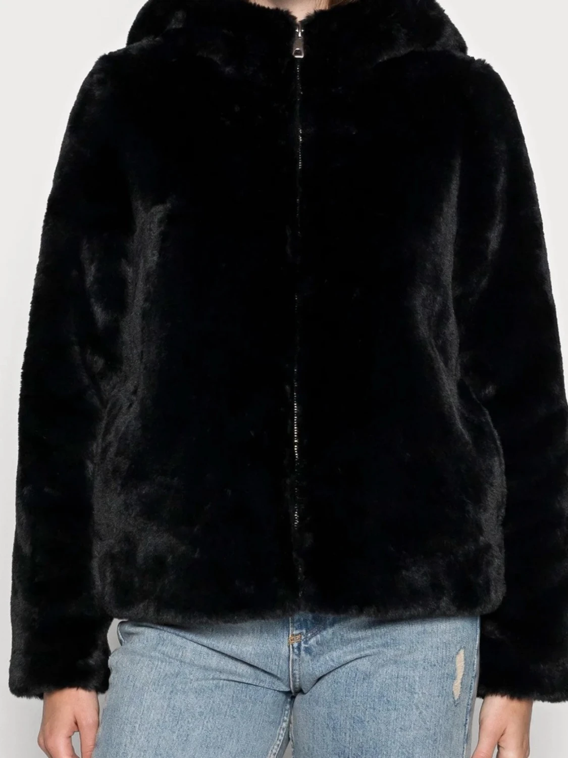 Svart fuskpälsjacka med huva - 1