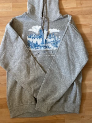 Grå hoodie Visby Priviledge - Säljer en grå hoodie från Noir avenue med tryck av Visby ringmur och blåvita detaljer på bröstet. Klassisk huva med dragsko och mjukt material, perfekt för chill dagar. Ribbstickade muddar vid ärmslut och nederkant.