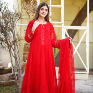Pakistani and Indian dresses  - Bottom Style: Trouser Color Type: Red Dupatta Fabrics: Chiffon Lining Attached: As shown in Picture Number of Pieces: 3 Piece - Top + Bottom + Dupatta Season: All Season Shirt Fabrics: Chiffon Trouser Fabrics: Boski Work Technique: Mirror Wor