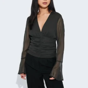 Svart v-ringad topp med långa ärmar - Säljer en elegant svart topp från Bikbok. Den har en v-ringad hals och långa, genomskinliga ärmar. Toppen är åtsittande med rynkade detaljer på framsidan som ger en smickrande passform. Perfekt för både vardag och fest!