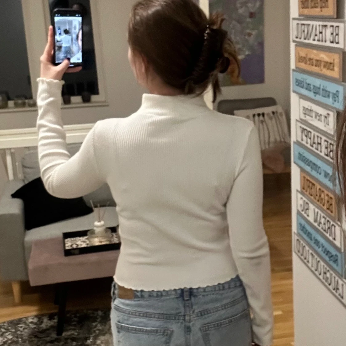 Len vit ribbad tröja - 90